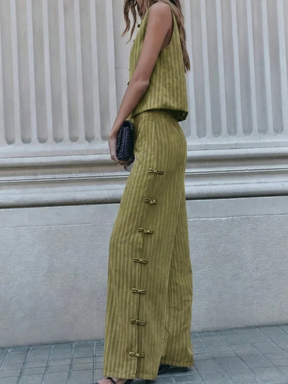 Green Casual Women's Sleeveless Vest And Wide-Leg Pants Set
